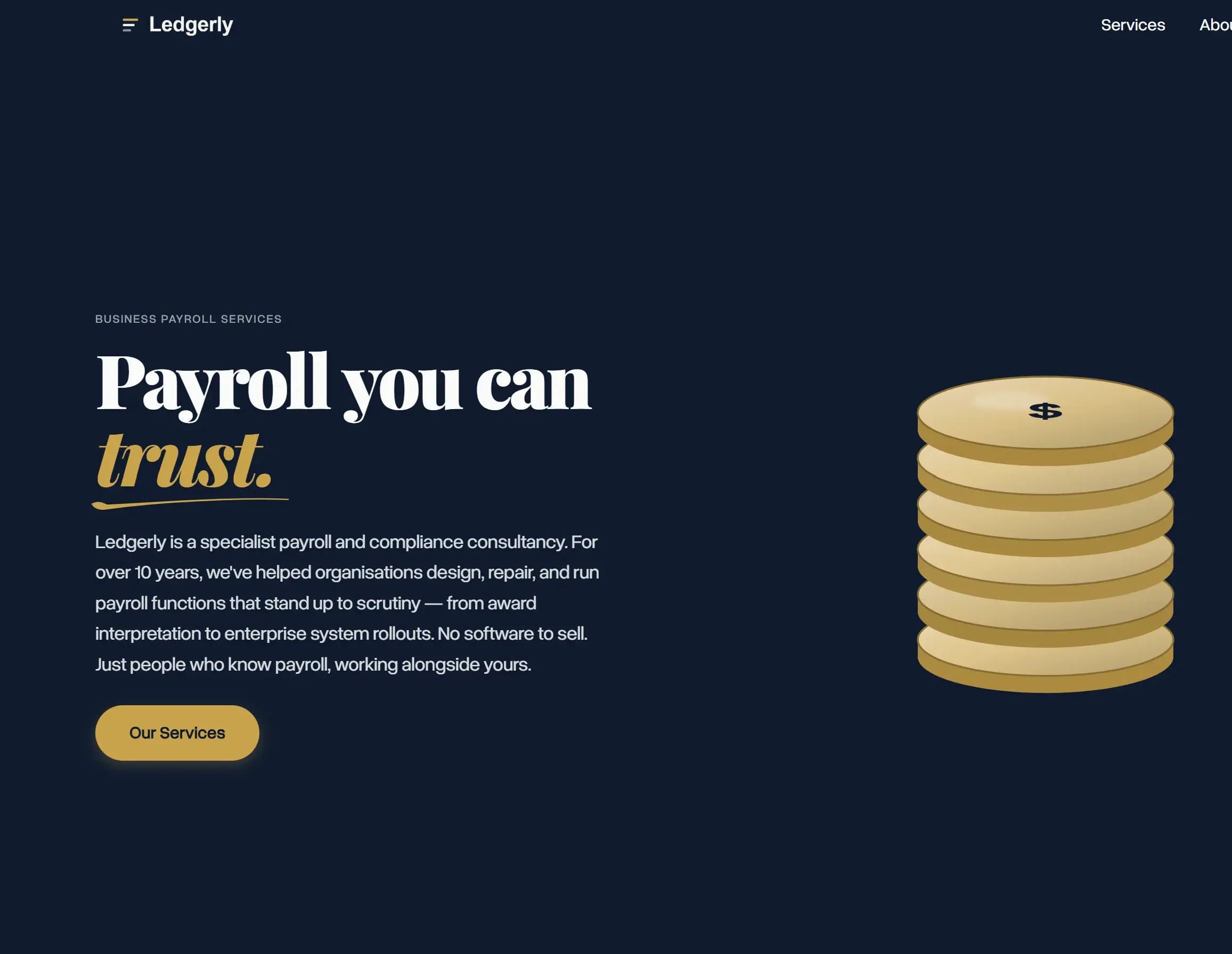 Ledgerly business payroll services landing page screenshot